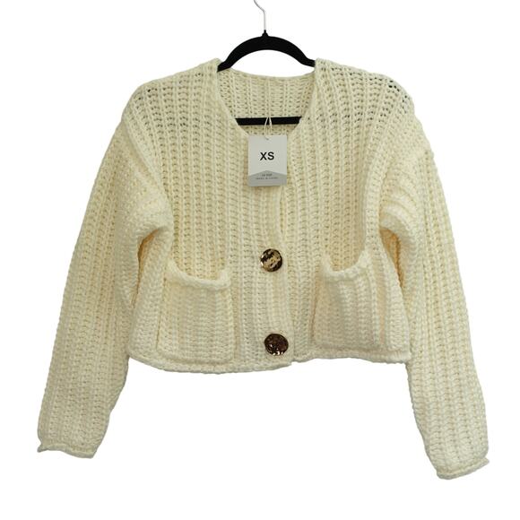 NWT Fashion Womens Open Knit Cropped Cardigan Button Pocket Front Cream Size XS - Picture 1 of 8